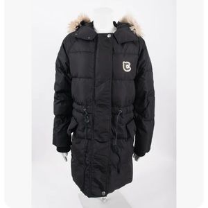 NWOT COACH Black Puffer Jacket with Varsity C Patch, Furry Trim Hood, Size 0